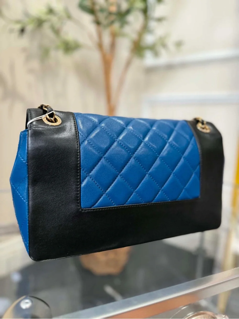 CHANEL Quilted Blue Center Panel Shoulder Bag with Black Trim